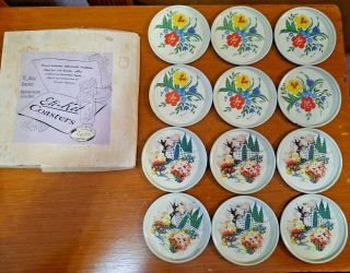 Set Of 12 Vintage Floral Coasters By Eti - Ket 2 Designs 3 " Metal W/box
