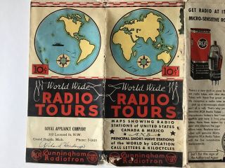1935 World Wide Radio Tours Map,  Cunningham Rca Radio Station Antique Vintage
