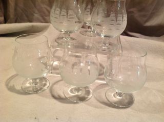Set Of 6 Toscany Clear Glass Etched Clipper Ship Brandy Cognac Snifters Wine