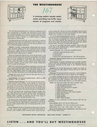 Westinghouse Tube Radio Phonograph Record Player Model 167 Vintage Ad Sheet MCM 2