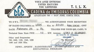 1984 Qsl: Tilx,  Radio Columbia,  San José,  Costa Rica