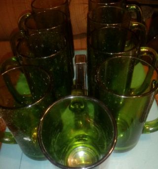 Set Of 9 Vintage Green Glass Beer Stein Mugs With Handles 12oz 5 1/2 " Tall