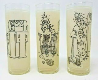Set Of 3 1970s Vintage Frosted Cool It Drink Glasses Collins Funny Superior