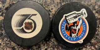 National Hockey League Nhl 75th Anniversary Hockey Puck & 100th Stanley Cup Puck