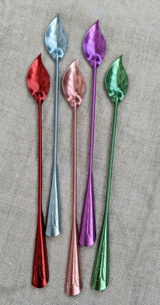 Aluminum Vintage Mcm Leaf Shape Long Stirring Spoons Set Of 5 Multi Colors
