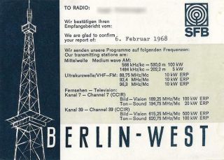 1968 Qsl: Sfb - Sender Freies Berlin,  West Berlin,  West Germany - Brd