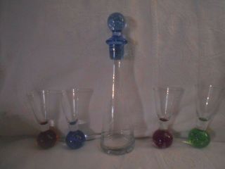 Art Glass Decanter/carafe Set 4 Colored Ball Footed Glasses 10 Inch