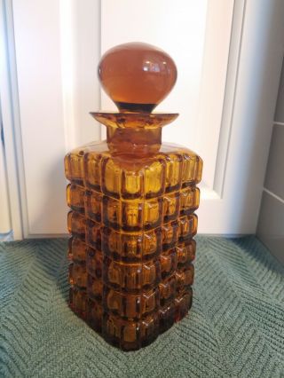 Vintage Amber Glass Liquor Decanter 8 " Tall - Square Cut Glass W/round Top - Rare