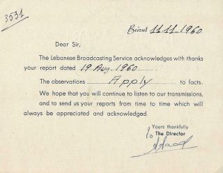 1960 QSL: Lebanese Broadcasting Service,  Beirut,  Lebanon 2