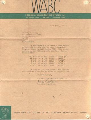 Qsl Letter,  Cbs Shortwave Station W2xe,  York,  1937