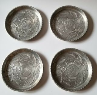 Vintage Everlast Forged Aluminum Set Of 4 Floral Rose Coasters Barware Metal