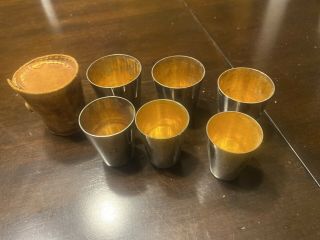 Vintage Set Of 6 Silver Shot Glasses With Leather Case