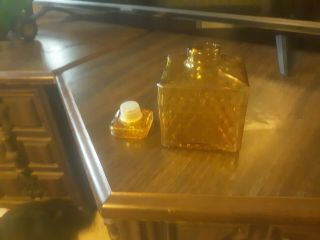 Vintage Amber Pressed Glass Diamond Cut Square Bottle Decanter W/stopper 5 - 1/2 "