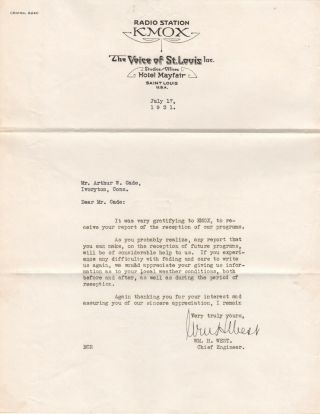 Qsl Letter,  Kmox,  St Louis,  Missouri,  1931