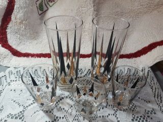 5 Pc Vtg Mcm Black Gold Atomic Arrow Diamond Barware Glasses 6 7/8,  31/2,  2 3/4
