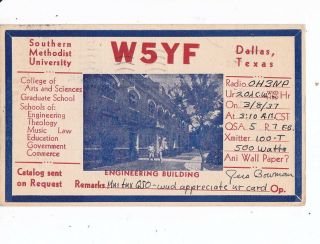 Old Radio Qsl Card Usa Dallas Texas Southern Methodist University - Finland 1937