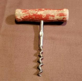 Vintage Corkscrew Stainless Steel With Old Red Paint Wooden Handle,  4”