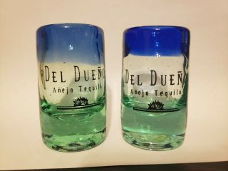 Two Del Dueno Anejo Tequila Mexican Hand Blown Cobalt Blue Green Shot Glasses