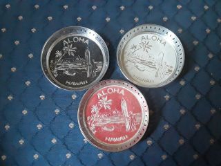 Vintage Aloha Hawaii Round Metal Coasters Set Of 3 From 1950s - 60s