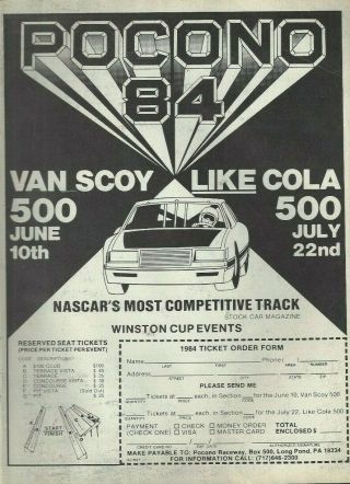 1984 Print Ad " Pocono 84 " Nascar Racing Winston Cup Van Scoy 500 Ticket Form N42