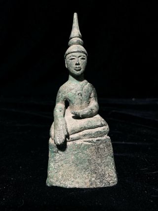 Small 17th c Lao bronze Buddha with light green patina encrustation 2