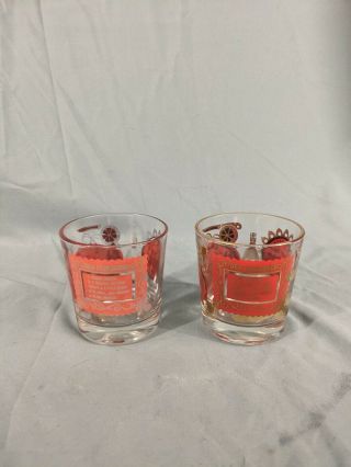 2 Vintage Whiskey Sour Old Fashion Rocks Red & Gold Drink Glass Recipe Low Ball