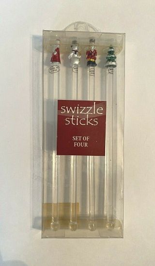 Christmas Theme Glass Cocktail Swizzle Stir Sticks Set Of 4 Santa Snowman