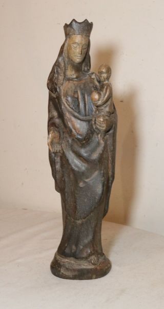 Antique Religious Folk Art Mary Jesus Hand Carved Wood Sculpture Statue Santos.
