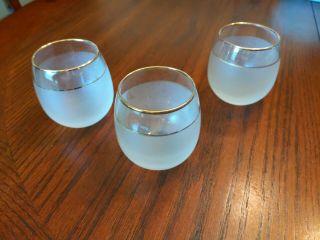 3 Extra Small Vintage Roly Poly Whiskey Sipping Glasses Frosted Gold Rimmed