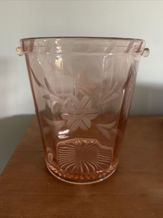 Vintage Pink Depression Glass Ice Bucket With Etched Flower 6 " Tall,  No Handle