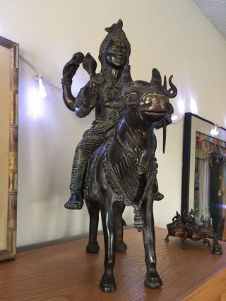 Shiva On Nandi The Bull Statue 18 " High All Metal With Bronze,  Old