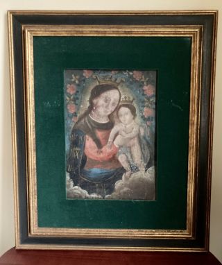 18thc Antique Spanish Colonial Retablo Painting On Tin Madonna & Child Folk Art