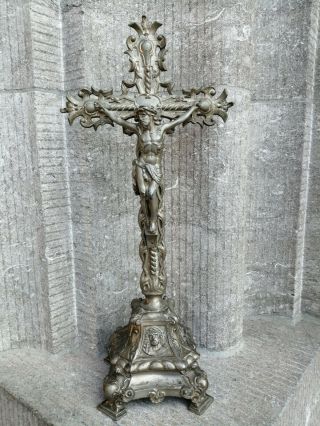Antique Metal Ornamental Art Nouveau Chapel Standing Cross Crucifix Jesus Corpus