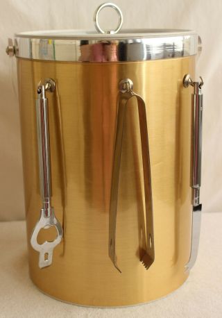 Vintage George Briard Brushed Gold Ice Bucket With 3 Piece Tool Utensils Lucite