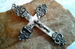 Rare Antique French Marked Silver Filigree And Mother Of Pearl Catholic Crucifix