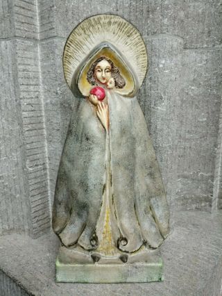 Rare Vintage Signed Art Terra Cotta Virgin Mary Child Jesus Chapel Statue Figure