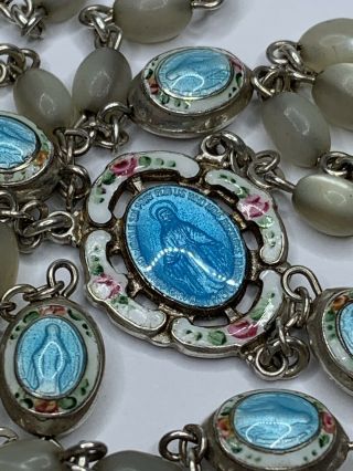 † No Longer Made Vintage Sterling Blue Guilloche Enamel Mother Of Pearl Rosary †