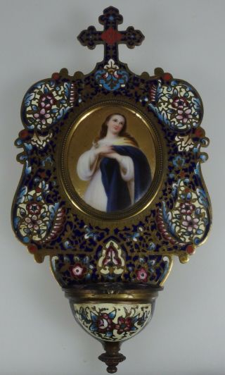 3872 Beauty Enamel Porcelain Medal Virgin Purice Holy Water Font Spain 1880