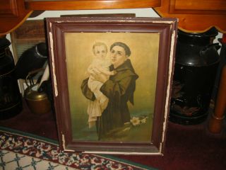 Antique Religious Painting On Metal Saint Holding Infant Child Christianity