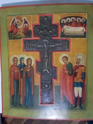 Antique Bronze Cross Icon,  Orthodox Russian,  Hand Painted икона крест Ikona