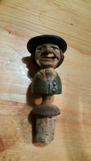 Antique Hand Carved Man With Hat And Cigar Bottle Cork