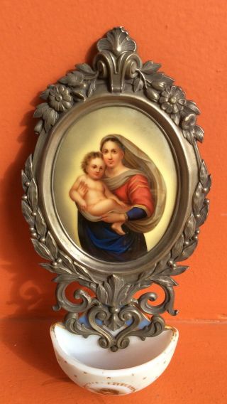 Holy Water Font Porcelain Painting Madonna Mary Antique