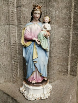 Big Heavy Antique Porcelain Bisque Vieux Paris Madonna Child Jesus Altar Statue