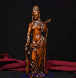 10 " Chinese Boxwood Wood Carve Lakshmi Kwan - Yin Guan Yin Goddess Buddha Statue