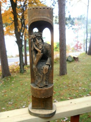 Vintage Folk Tramp Art Hand Carved Wood Seated Jesus Crown Of Thorns