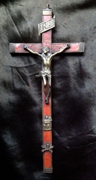 Rare Antique Spanish Crucifix Cross Red Coral Jesus Skull Bronze Wood Georgian