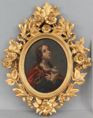 Antique 19thc C.  Dolci Mary Magdalene Oil Painting Icon Carved Gilt Wood Frame