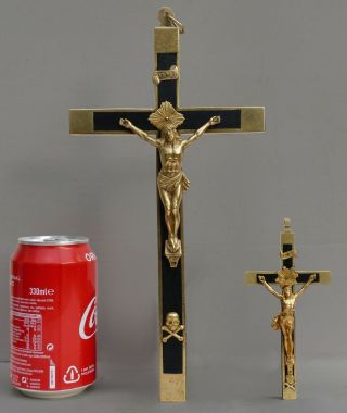 Large 11 " Antique Pectoral Crucifix Cross Skull And Crossbones Ebony Inlay Nuns