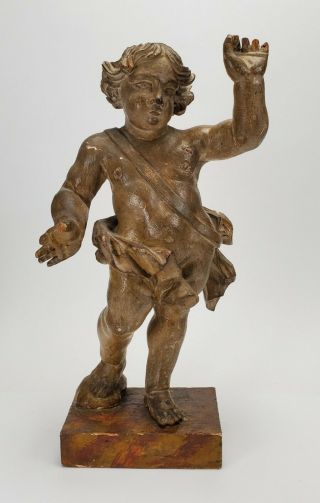 Antique 18th C.  Carved Wooden Cherub Putti Angel Statue Religious Figure