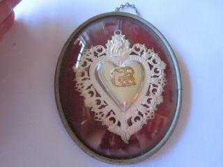 Antic Sollid Silver Ex Voto Off The Sacred Heart In Doomed Glass